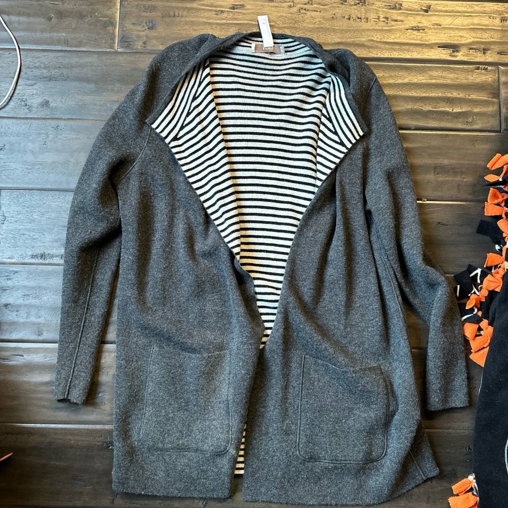 LOFT Gray Trench Coat with Striped Lining